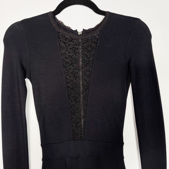 French Connection Size 0 Black Lace Inset Long Sleeve Ponte Knit Bodycon Dress - Picture 3 of 9